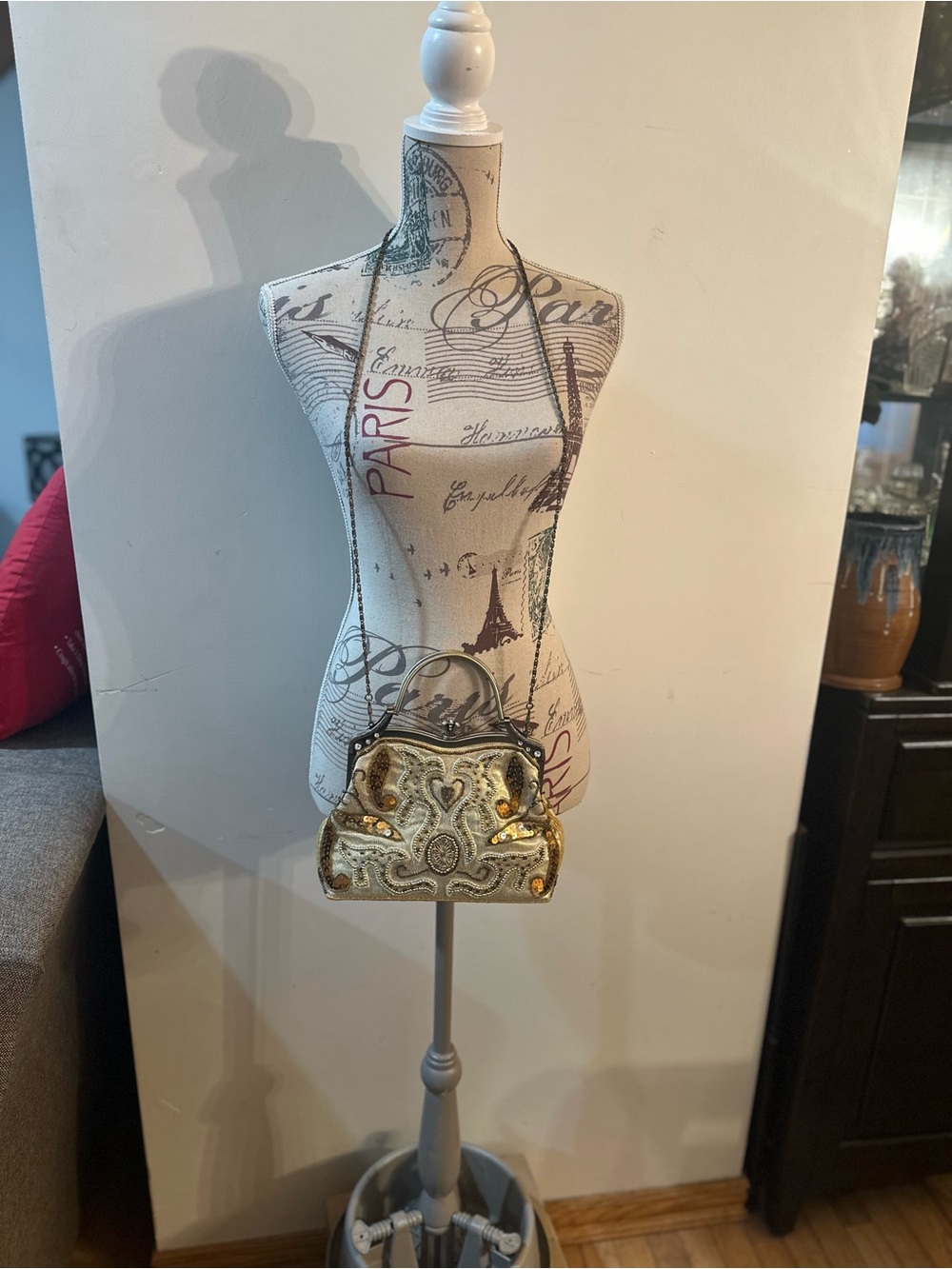 Embellished Gold Beaded Top-Handle Evening Bag